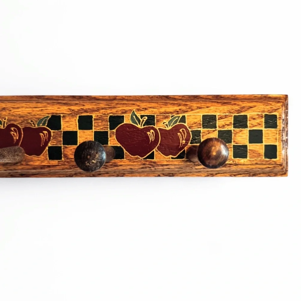 Vintage Wooden Wall Coat Rack Hand Painted Apple Checker Farmhouse Cottagecore